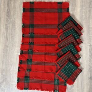 Set Christmas Plaid Tartan 7 Placemats 7 Napkins Red Green‎ Gold Woven Fringe